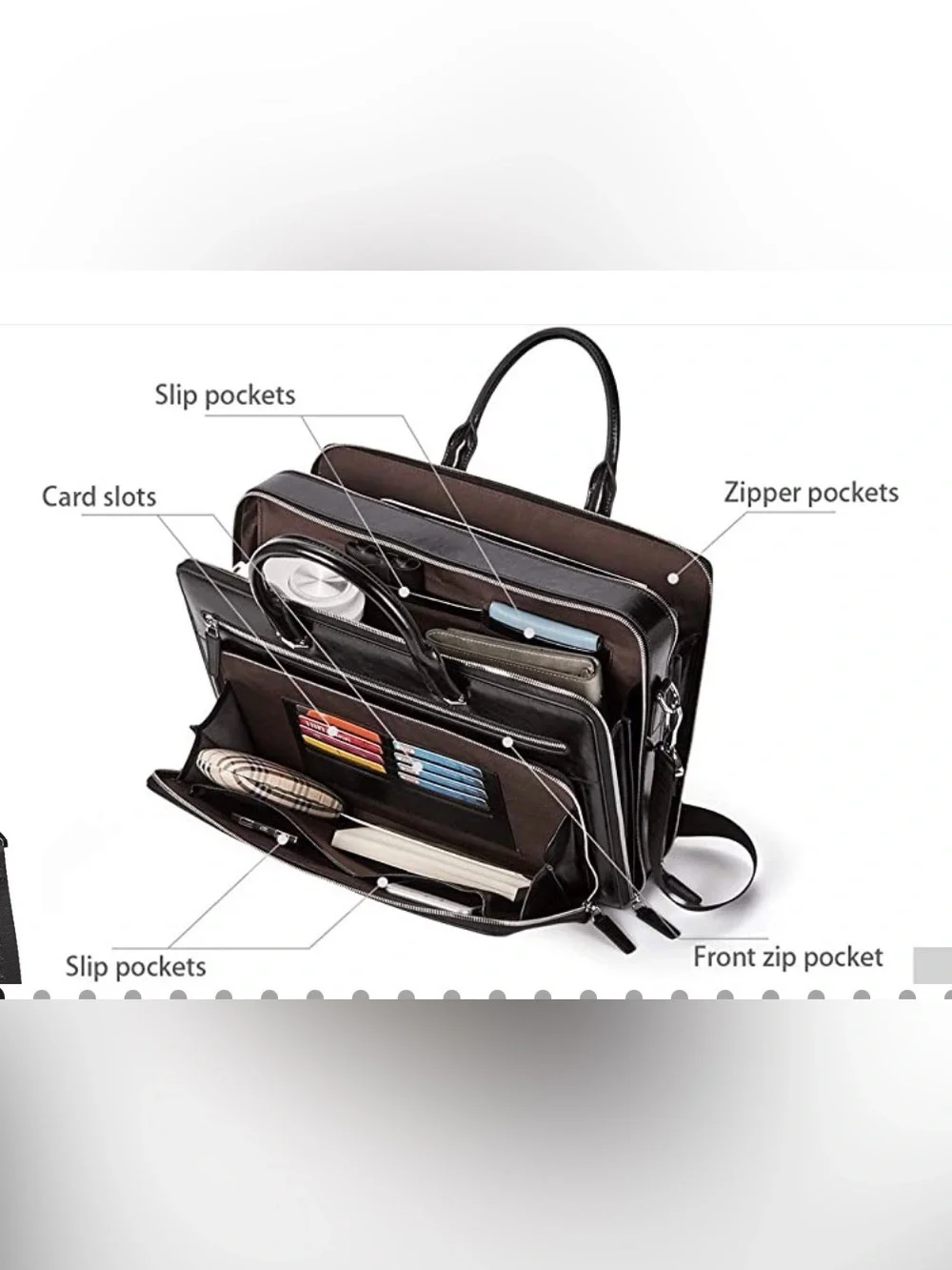 Bostonian Black Leather Laptop Briefcase with Adjustable Strap